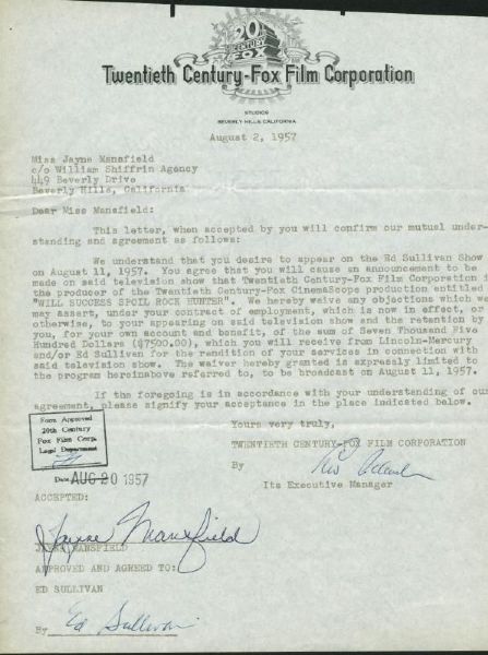 Jayne Mansfield & Ed Sullivan Signed 1957 Document (PSA/DNA)