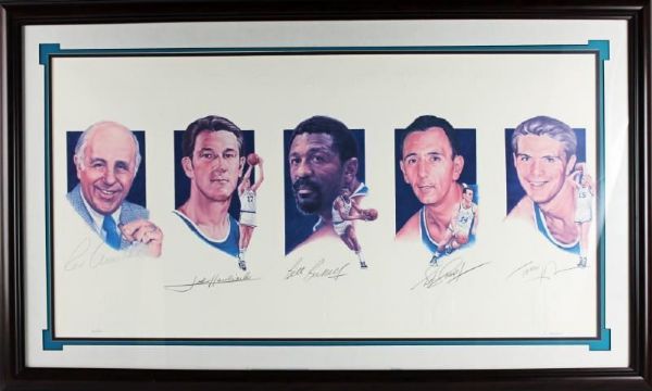 Celtics Legends Auerbach, Russell, Havlicek, Cousy & Heinsohn Signed & Framed Lithograph (PSA/DNA Guaranteed)