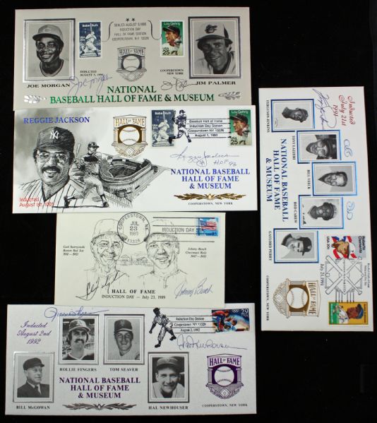 Lot of Five (5) Signed Hall of Fame Mailing Envelops w/ Yaz, Morgan, Bench & Others (PSA/JSA Guaranteed)