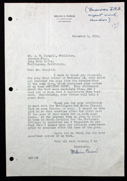 Melvin Purvis Signed Typed Letter (PSA/JSA Guaranteed)