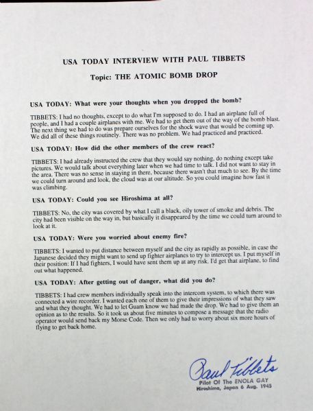 Paul Tibbets Signed USA Today Atomic Bomb Drop Interview (PSA/JSA Guaranteed)