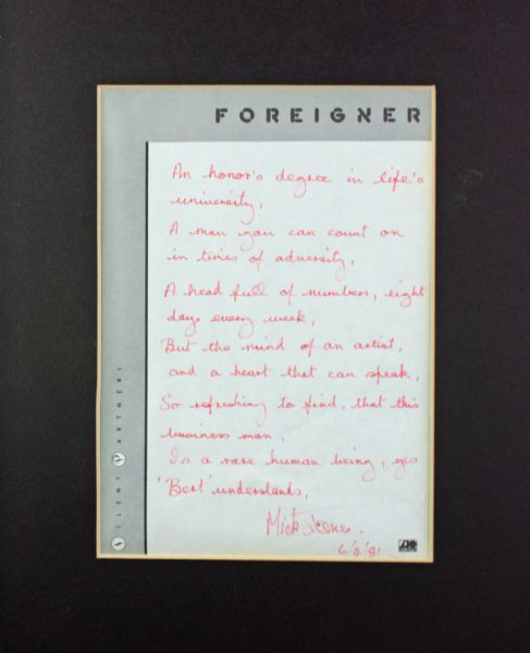 Foreigner Mick Jones Signed & Handwritten 1981 Poem (PSA/JSA Guaranteed)