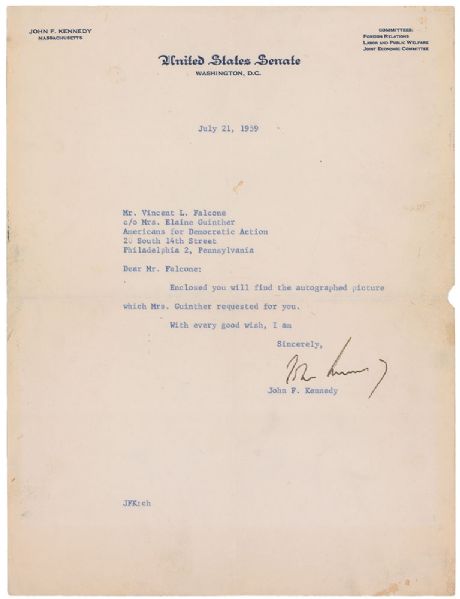 President John F. Kennedy Signed United States Senate Typed Letter (PSA/JSA Guaranteed)