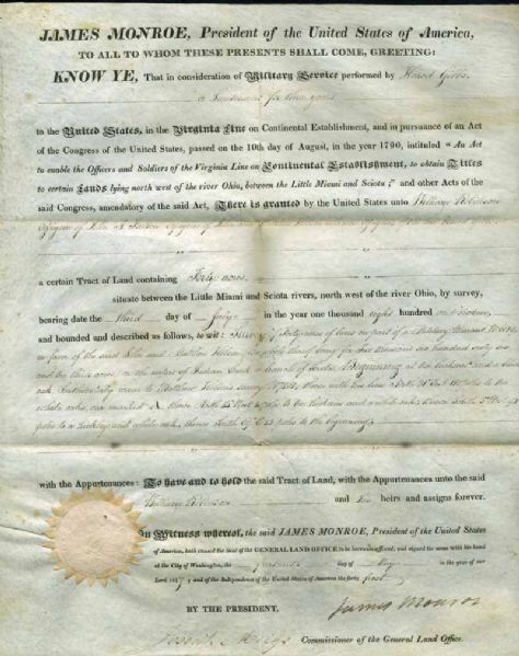 President James Monroe Signed 1816 Land Grant (PSA/DNA)