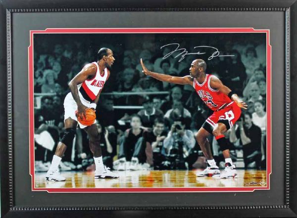 Michael Jordan Signed & Framed 16" x 20" Color Photo Versus Drexler! (Upper Deck)
