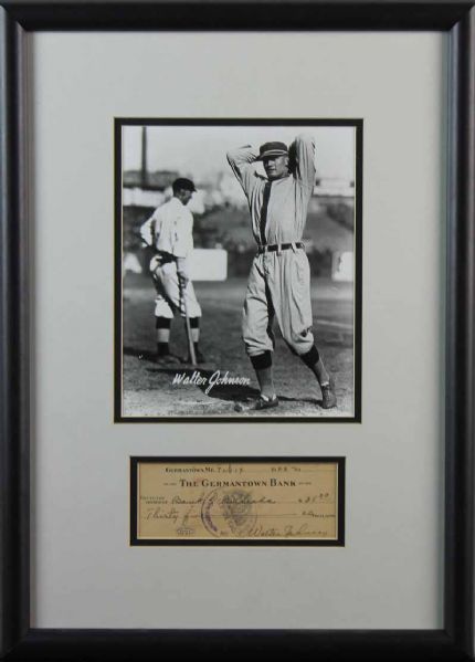 Walter Johnson Signed & Handwritten 1945 Check Display (PSA/JSA Guaranteed)