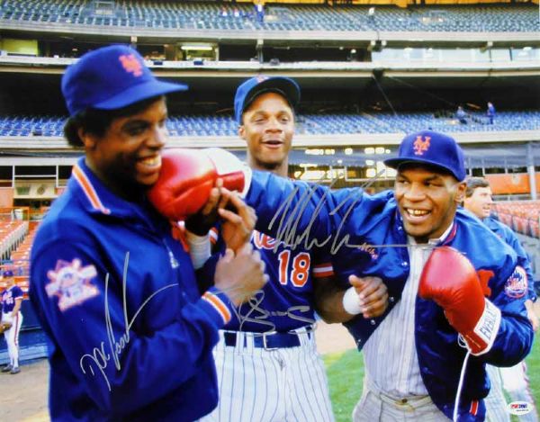  Mike Tyson, Doc Gooden & Daryl Strawberry Uniquely Signed 16" x 20" Color Photo (PSA/DNA)