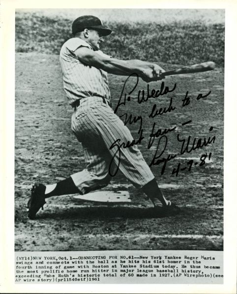 Roger Maris Signed 8" x 10" 61st Home-Run Photo (JSA)