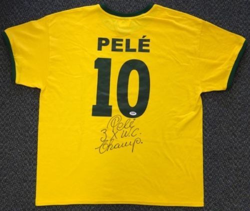 Pele Signed Brazil Jersey w/ Rare "3x W.C Champ" Inscription (PSA/DNA)