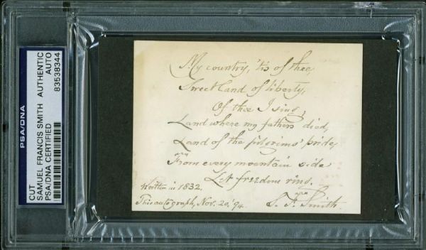 Samuel Francis Smith Handwritten & Signed Lyric Stanza to "America" (PSA/DNA Encapsulated)