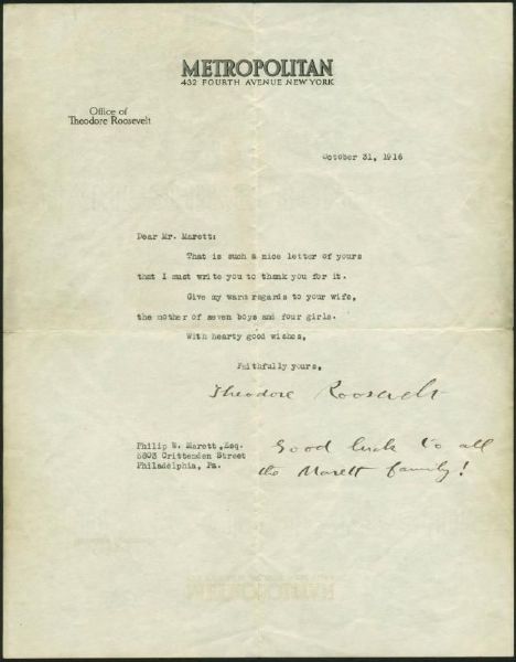 Theodore Roosevelt Typed & Signed 1916 Letter (PSA/DNA)