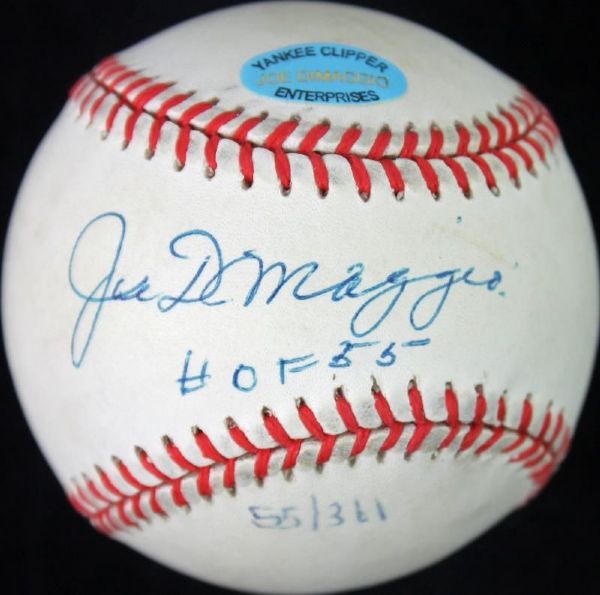 Joe DiMaggio Ltd. Ed. Signed & Inscribed "HOF 55" OAL Baseball (JSA)