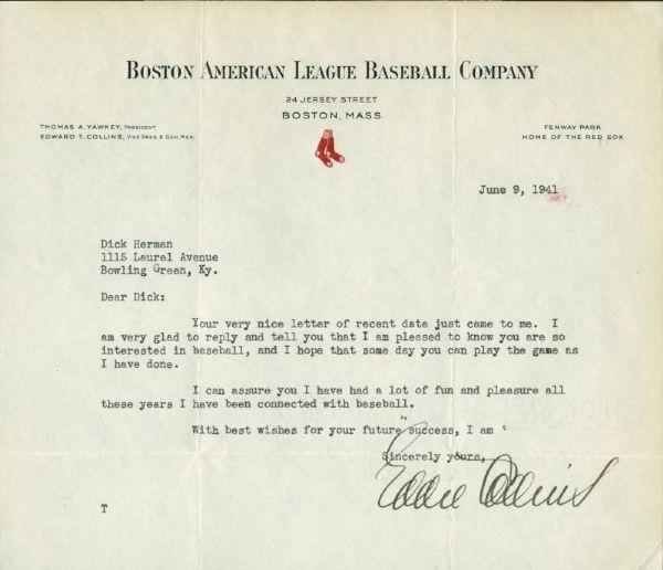 Eddie Collins Typed & Signed Letter on Boston American League Baseball Letterhead (PSA/DNA)