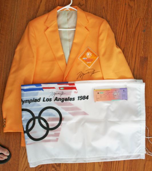 Michael Jordan Signed 1984 Olympic Relics Lot with Signed Olympic Blazer, Signed Olympic Flag & Signed Olympic Basketball Ticket! (UDA)