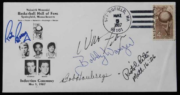 1987 Basketball HOF Induction Day Cachet Signed by Inductees w/Pistol Pete Maravich, etc. (JSA)