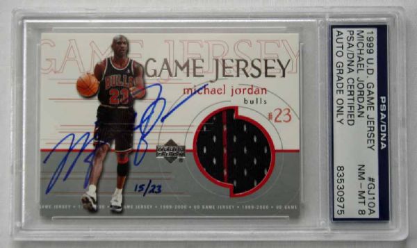Michael Jordan 1999 Upper Deck Game Jersey Signed Insert Card - PSA/DNA Graded NM-MT 8
