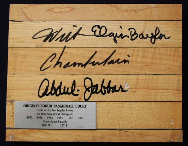 Lakers Legends Signed 8" x 10" Forum Floor Board with Chamberlain, Baylor & Jabbar (PSA/DNA)
