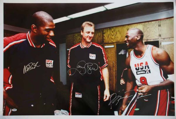 Michael Jordan, Magic Johnson & Larry Bird Signed 24" x 36" Rare Oversized Photograph (UDA Holo & PSA/DNA)