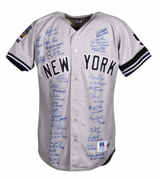 1999 New York Yankees One-Of-A-Kind Team Signed World Series Jersey with Multi Inscriptions (30 Sigs)(PSA/DNA)