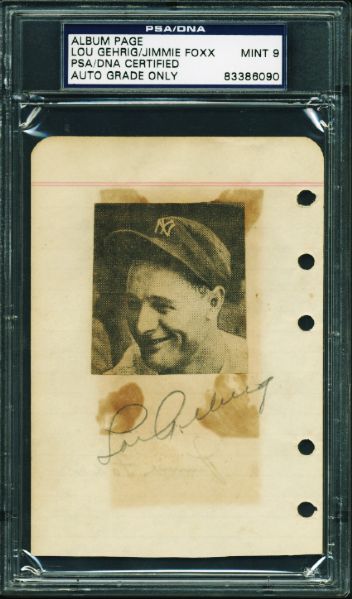 Lou Gehrig & Jimmie Foxx Dual Signed Album Page - PSA/DNA Graded MINT 9