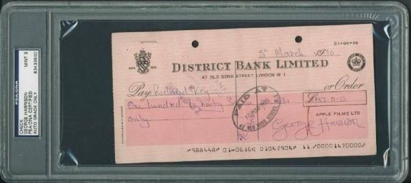 The Beatles: George Harrison Signed Apple Films Business Check (1970)(PSA/DNA Encapsulated)