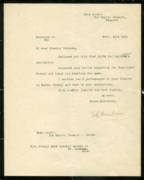 Harry Houdini Signed & Typewritten Letter from 1914 (PSA/DNA)