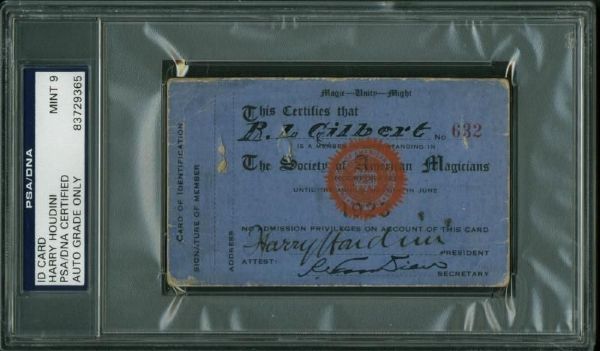 Harry Houdini Rare & Desirable Signed Society of Magicians Membership Card - PSA/DNA Graded MINT 9!