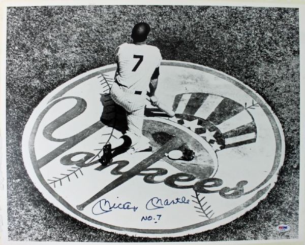 Mickey Mantle Signed 16" x 20" B&W Photo with "No. 7" Inscription (PSA/DNA)