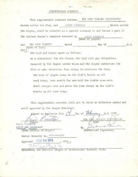 Lou Piniella Signed 1974 NY Yankees Contract w/ Larry McPhail (PSA/DNA)