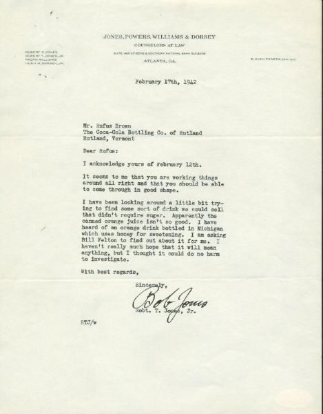 Bobby Jones Typed Signed Letter to Coke Executive Regarding Drink Ideas (JSA)