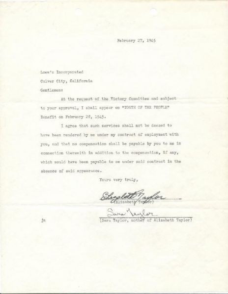 Elizabeth Taylor Signed 1945 Letter w/ Mother Sara Taylor (PSA/DNA)