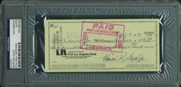 Marvin Gaye Signed Bank Check from 1975 (PSA/DNA Encapsulated)