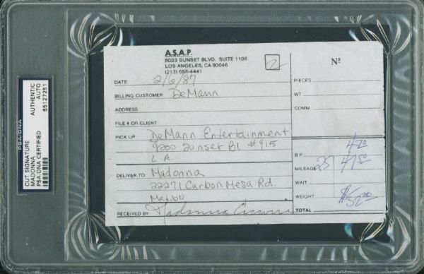 Madonna Signed Transportation Receipt with full "Madonna Ciccone" Autograph (PSA/DNA Encapsulated)
