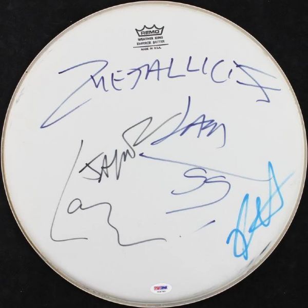 Metallica Group Signed REMO Drumhead (4 Sigs)(w/ Newsted)(PSA/DNA)