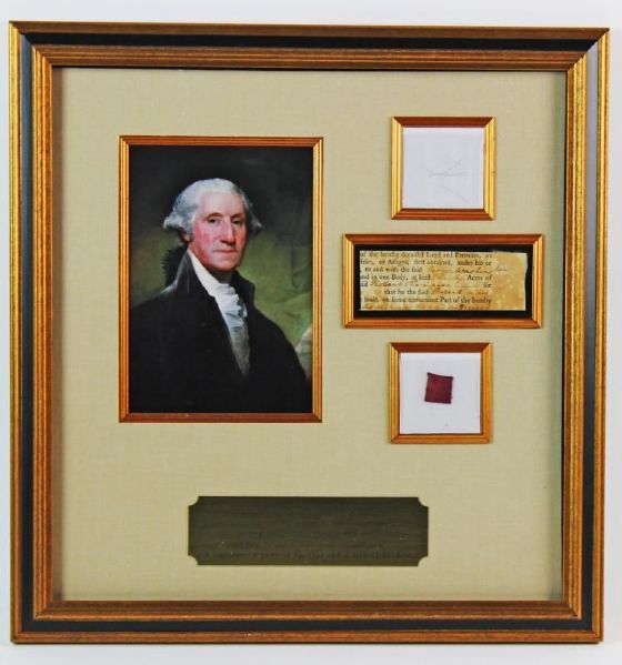 George Washington Unique Framed Display with a Rare Full Name Signature, Hair Relic & Coat Swatch! (PSA/DNA & University Archives)
