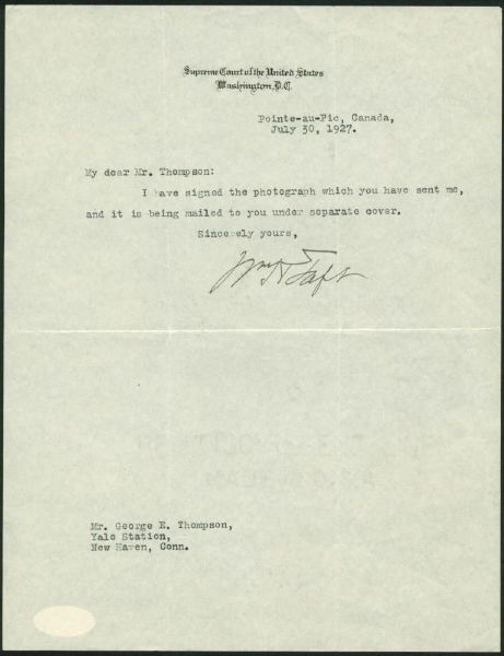 William Howard Taft Signed 1927 Supreme Court Letter (PSA/DNA)