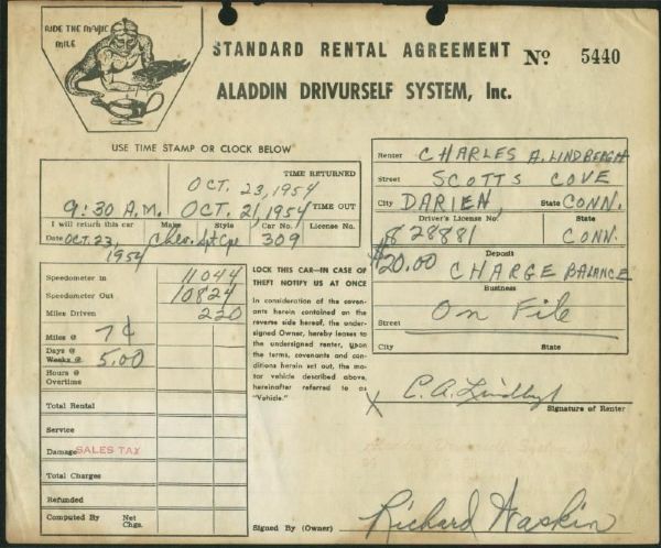 Charles Lindbergh Signed 1954 Car Rental Agreement (PSA/DNA)