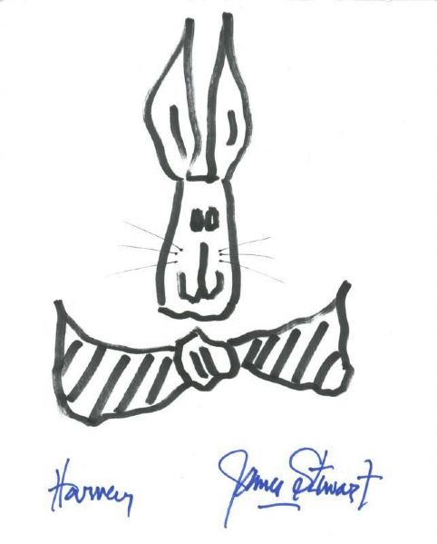 Jimmy Stewart Hand Drawn & Signed 8" x 10" Sketch of Harvey The Rabbit! (JSA)