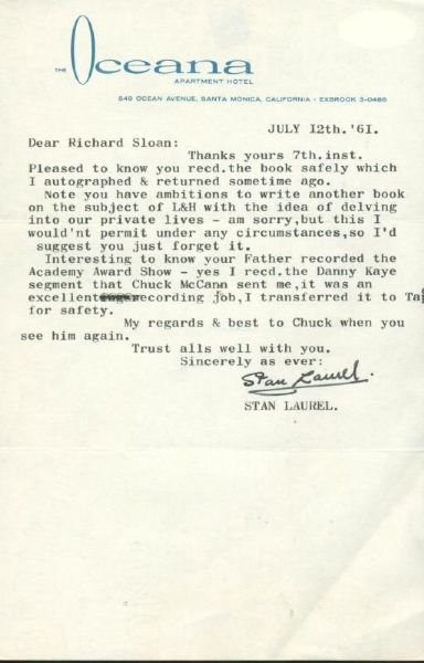 Stan Laurel Typed & Hand Signed 1961 Letter on Oceana Letterhead (JSA)