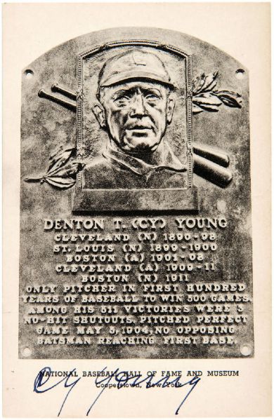 Cy Young Near-Mint Signed 1945-1952 HOF Plaque Card (JSA)