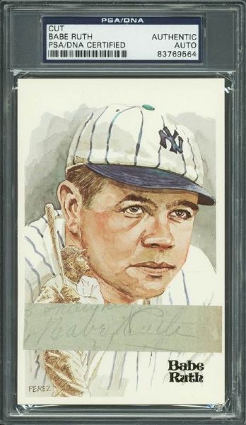 Babe Ruth Signed .75" x 3.5" Cut Mounted on Perez Steele Card! (PSA/DNA Encapsulated)