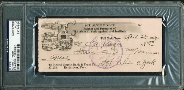 WWI: Sgt Alvin York Handwritten & Signed Bank Check (PSA/DNA Encapsulated)