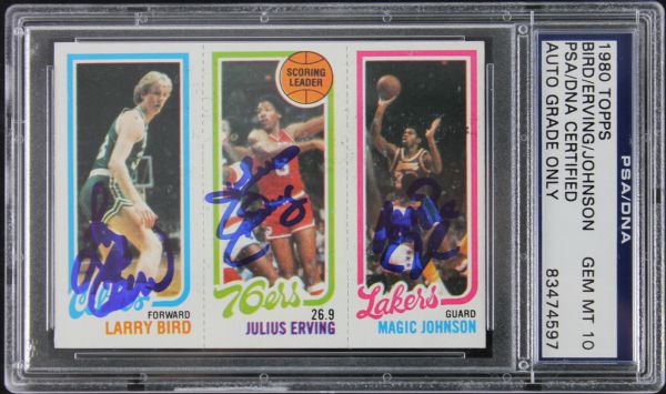 1980-81 Topps Magic Johnson, Larry Bird & Julius Erving Card - Signed by All 3 - Magic & Birds Rookie - PSA/DNA Graded GEM MINT 10!