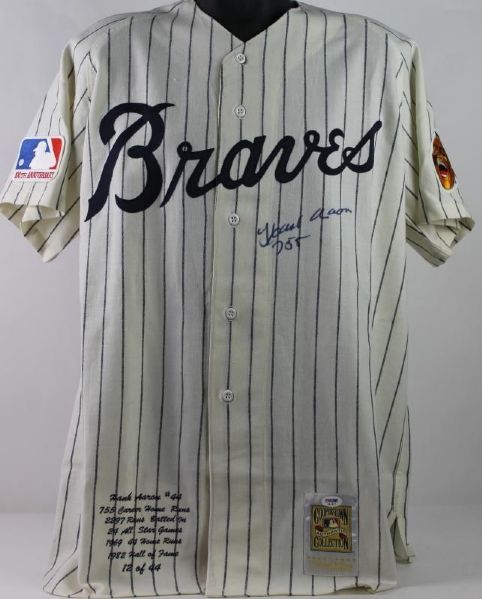 Hank Aaron Signed Mitchell & Ness Braves Embroidered Stat Jersey w/ "755" Insc. (PSA/DNA)