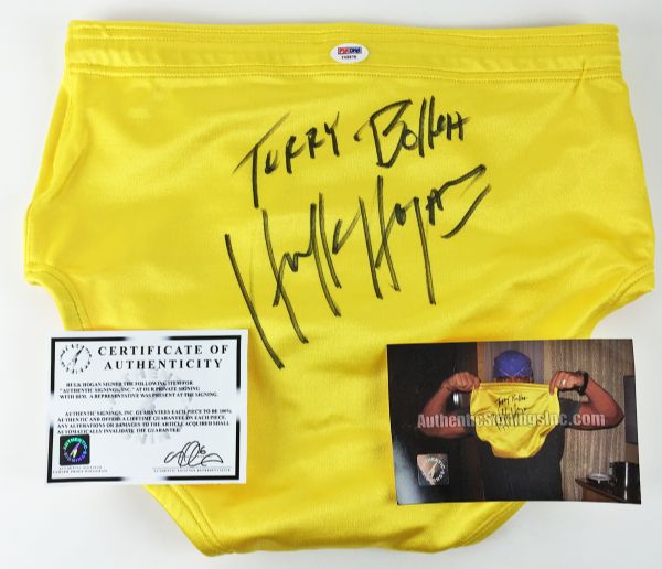 Hulk Hogan Ultra Rare Double Signed Yellow Wrestling Trunks w/"Terry Bollea" Autograph (PSA/DNA)