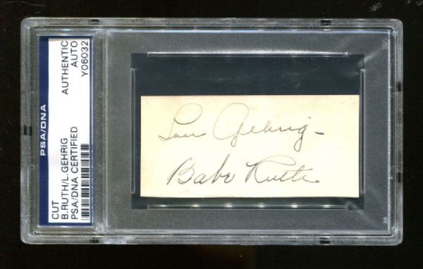 Babe Ruth & Lou Gehrig Impressive Dual Signed 1.5" x 2.5" Album Page (PSA/DNA Encapsulated)