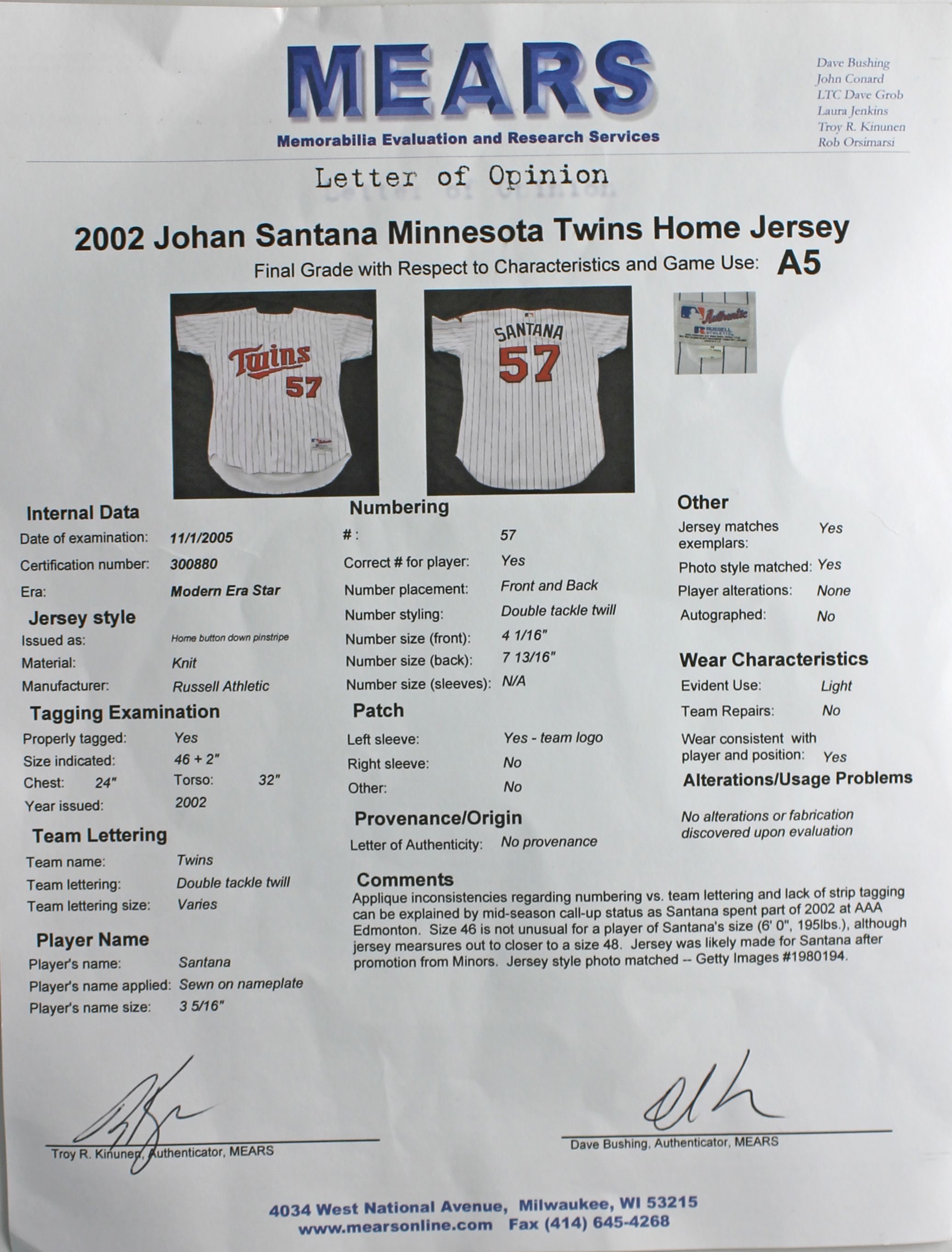 2000 Johan Santana Game Worn Minnesota Twins Rookie Jersey., Lot #81572