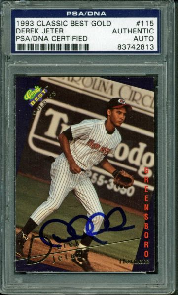 Derek Jeter Signed Pre-Rookie 1993 Classic Best Gold Baseball Card (PSA/DNA Encapsulated)