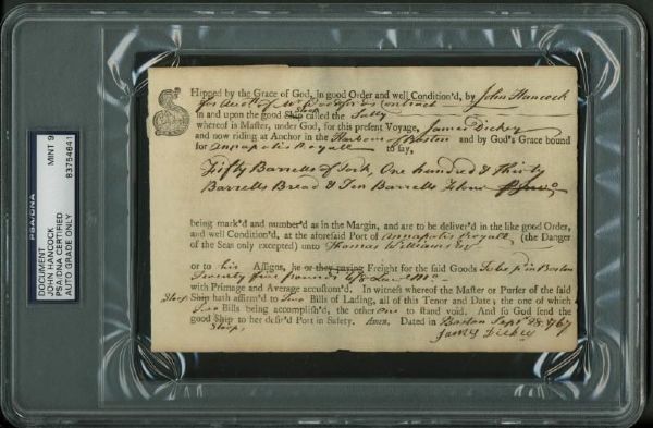 John Hancock Rare Handwritten & Signed 1767 Document (PSA/DNA Graded MINT 9)