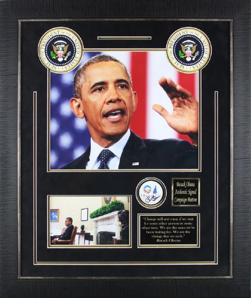Barack Obama Signed Campaign Pin in Custom Framed Display (PSA/DNA)